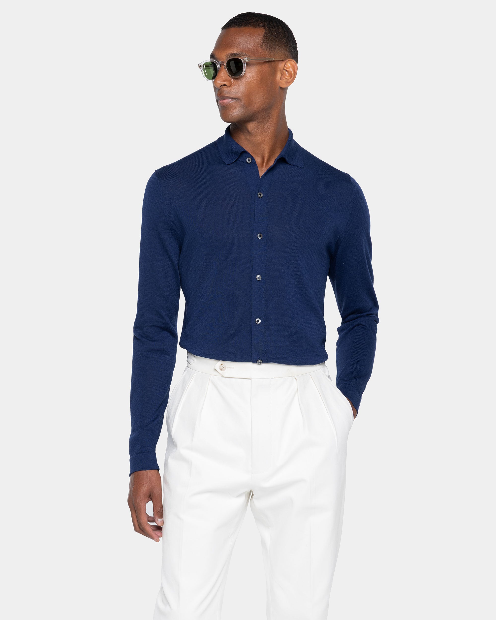 Overhemd met lange mouwen marineblauw biologisch katoen en Mulberry zijde | Filatori