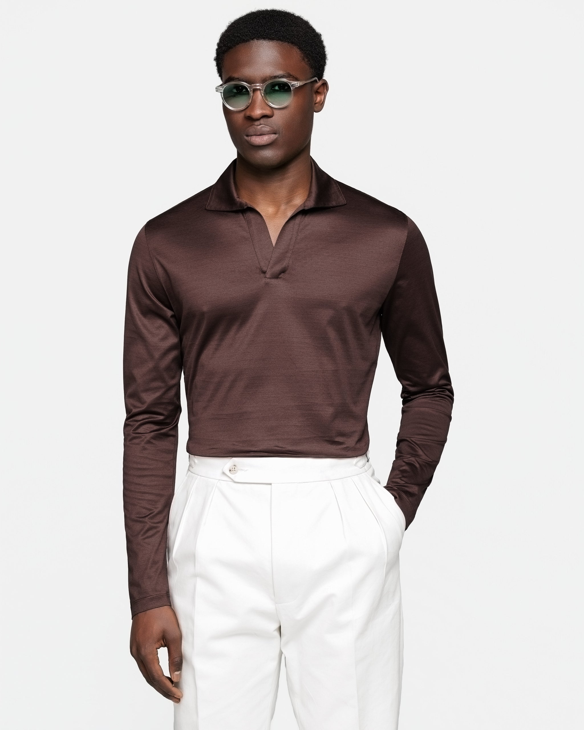 Zwart Poloshirt zonder knopen met lange mouwen 100% Egyptisch Katoen | Filatori
