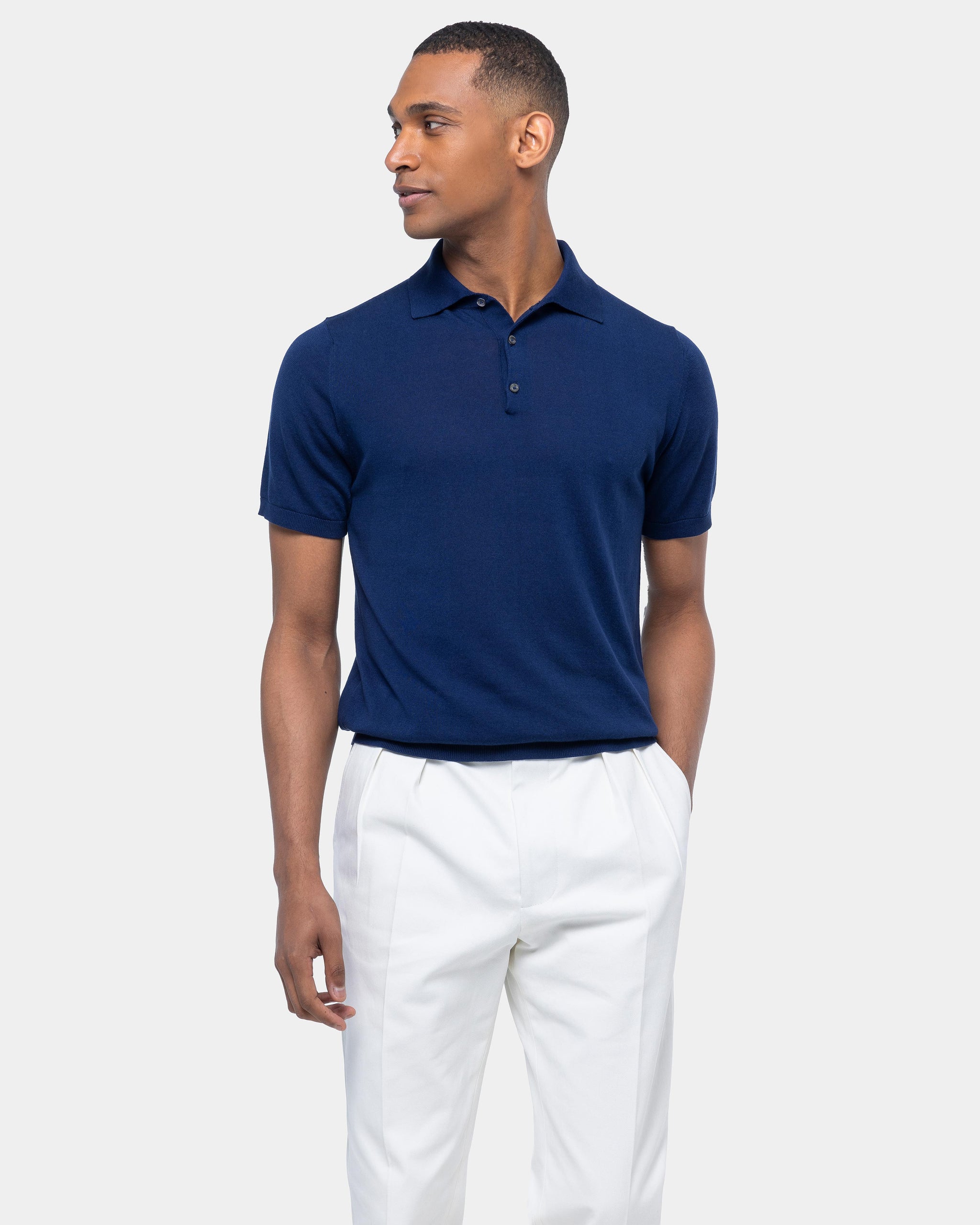 Half-mouw poloshirt effen blauw Biologisch Katoen en Mulberry zijde | Filatori