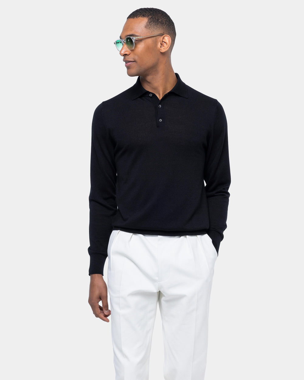 Black Long Sleeved Polo Knitwear in Organic Cotton Mulberry Silk Filatori