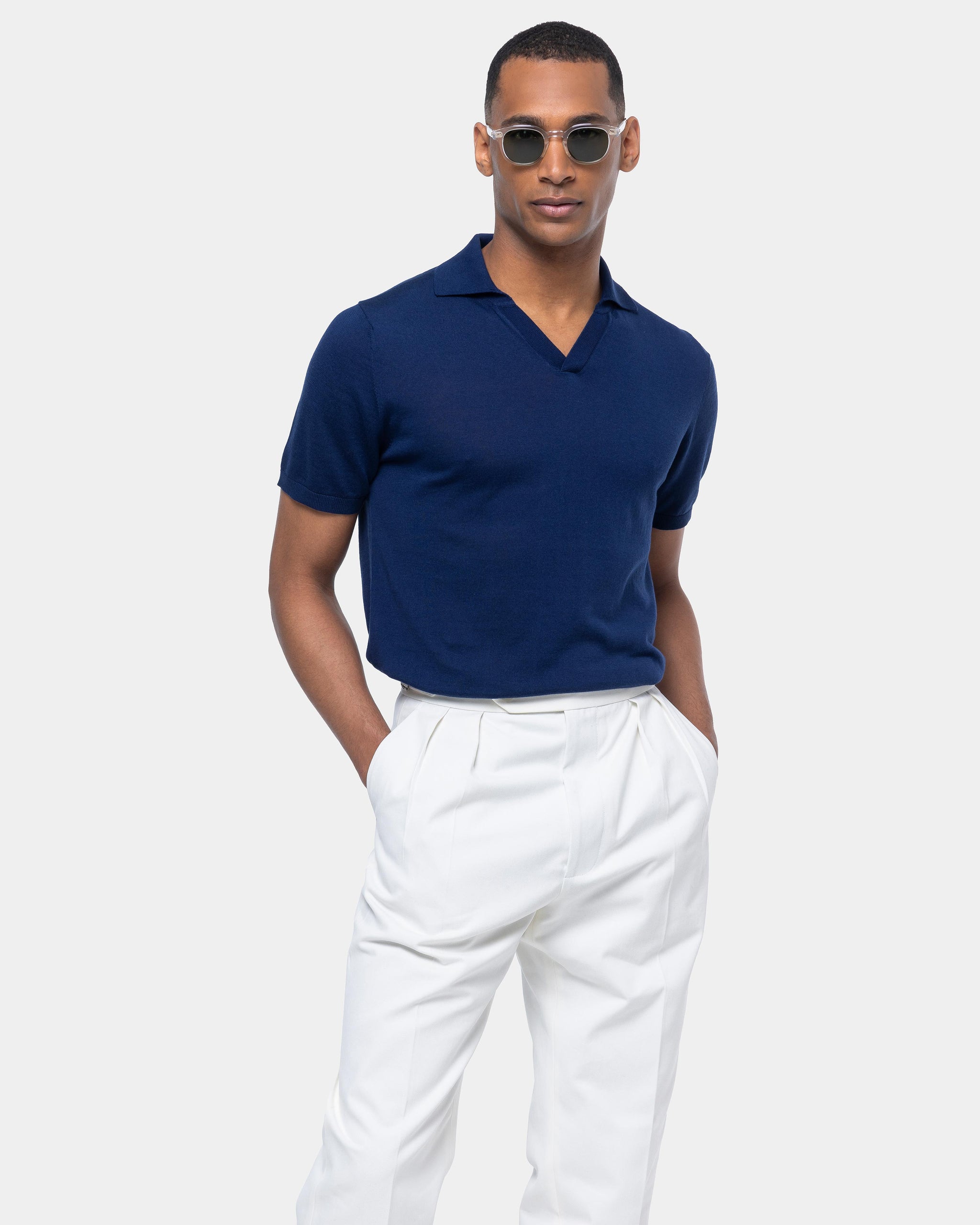 Poloshirt met korte mouwen zonder knopen, effen blauw, biologisch katoen en Mulberry zijde | Filatori