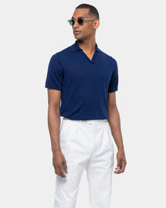 Poloshirt met korte mouwen zonder knopen, effen blauw, biologisch katoen en Mulberry zijde | Filatori