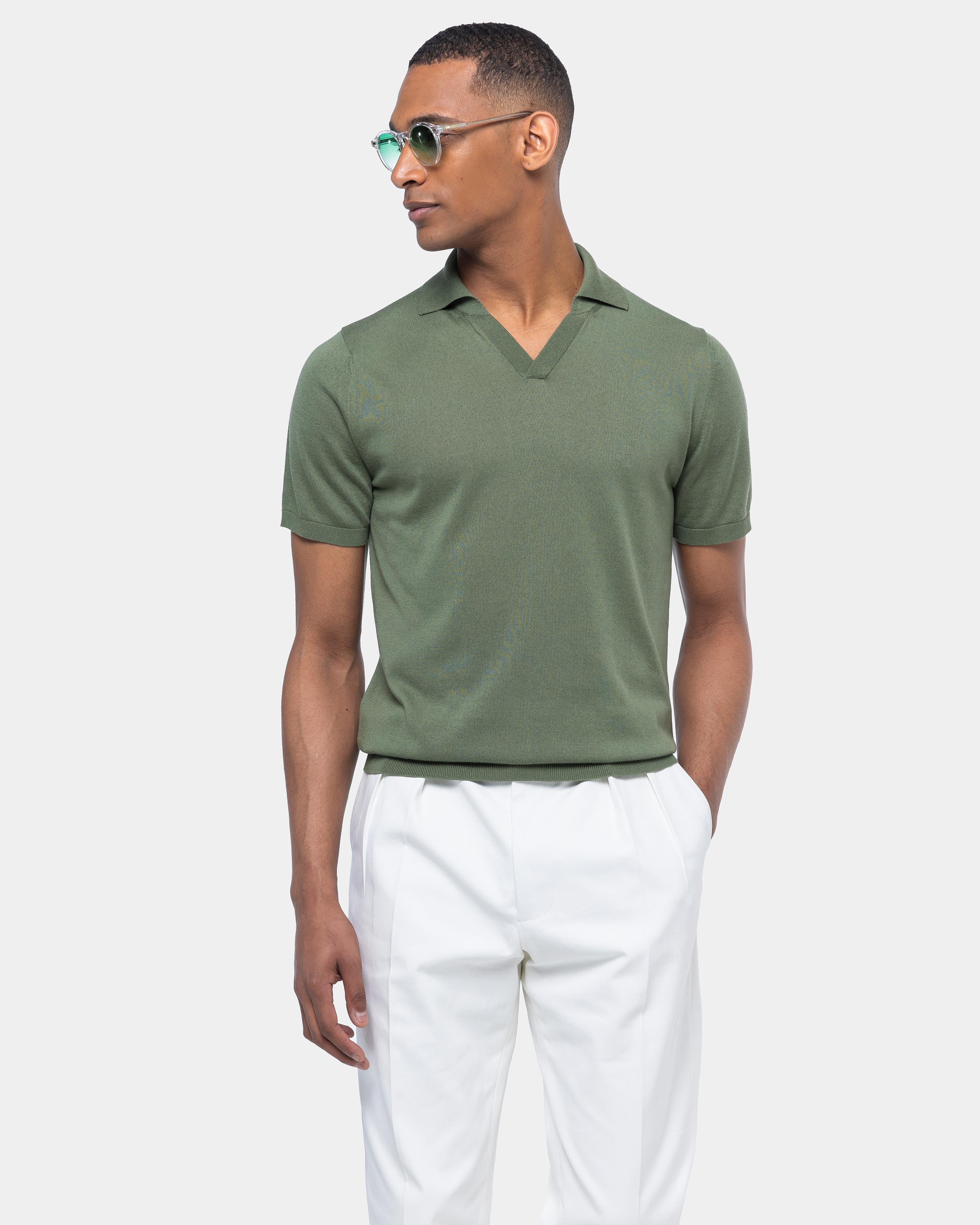 Poloshirt met korte mouwen zonder knopen effen militair groen biologisch katoen en Mulberry zijde Filatori