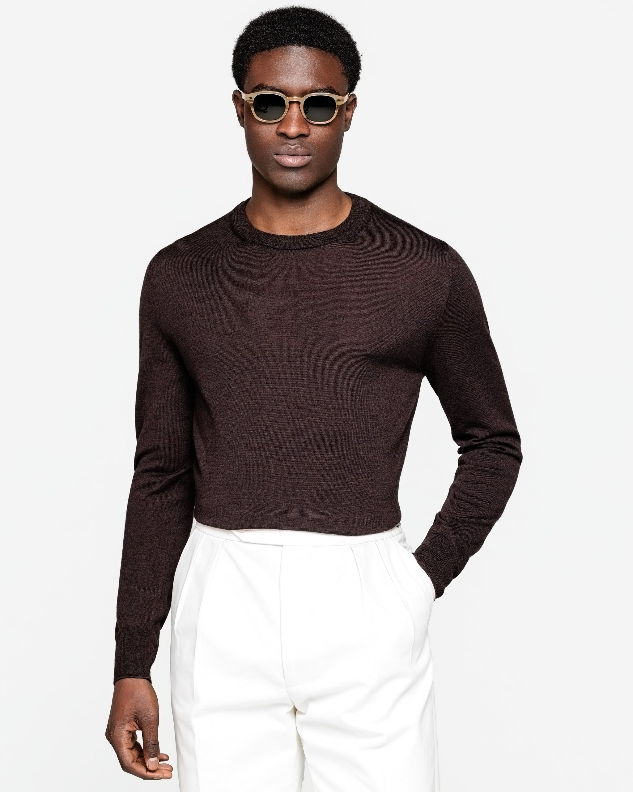 Brown Long Sleeved Crewneck Knitwear in Extrafine Merino Wool and Silk | Filatori