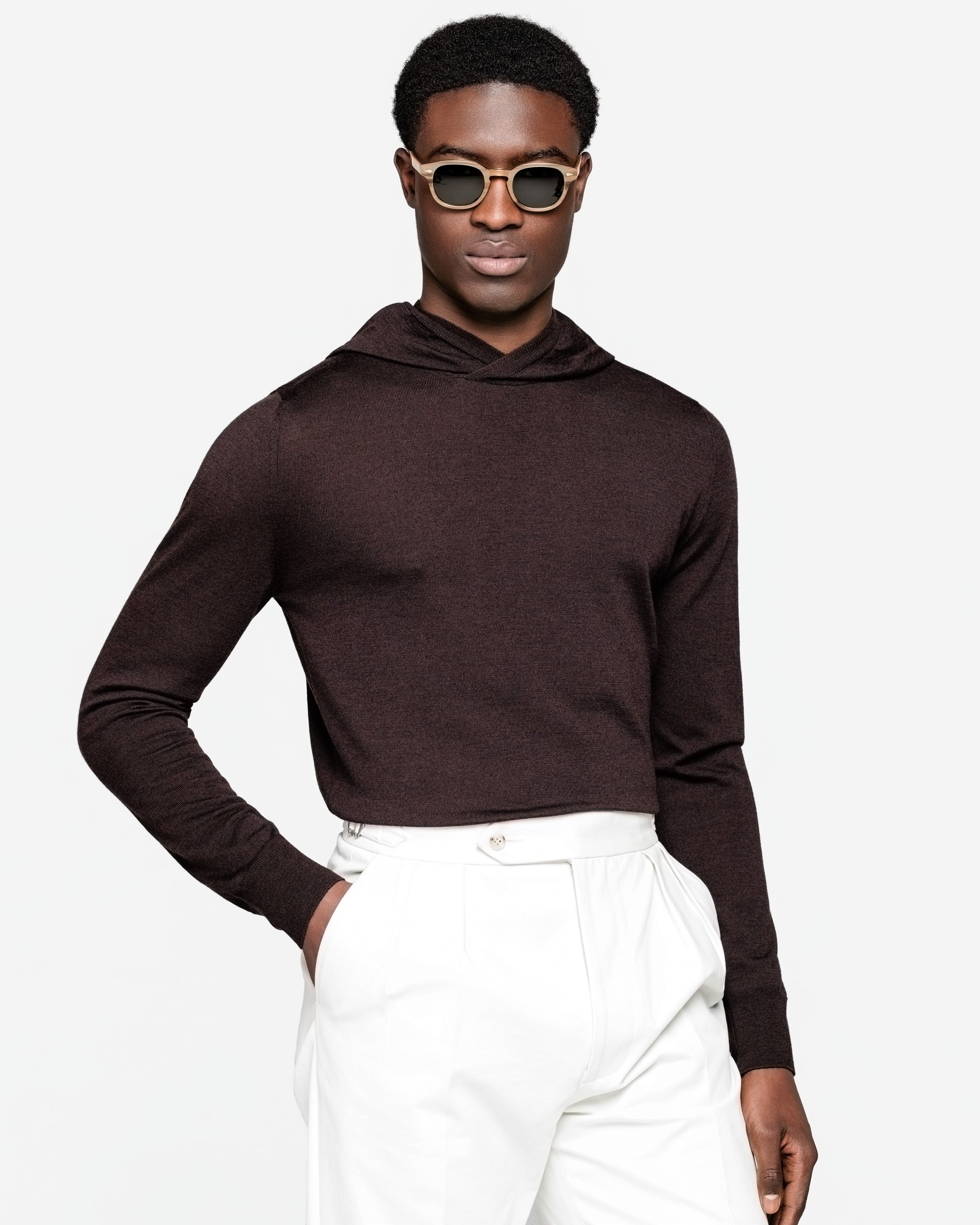 Langemouw hoodie trui in effen bruin Wol Zijde | Filatori 
