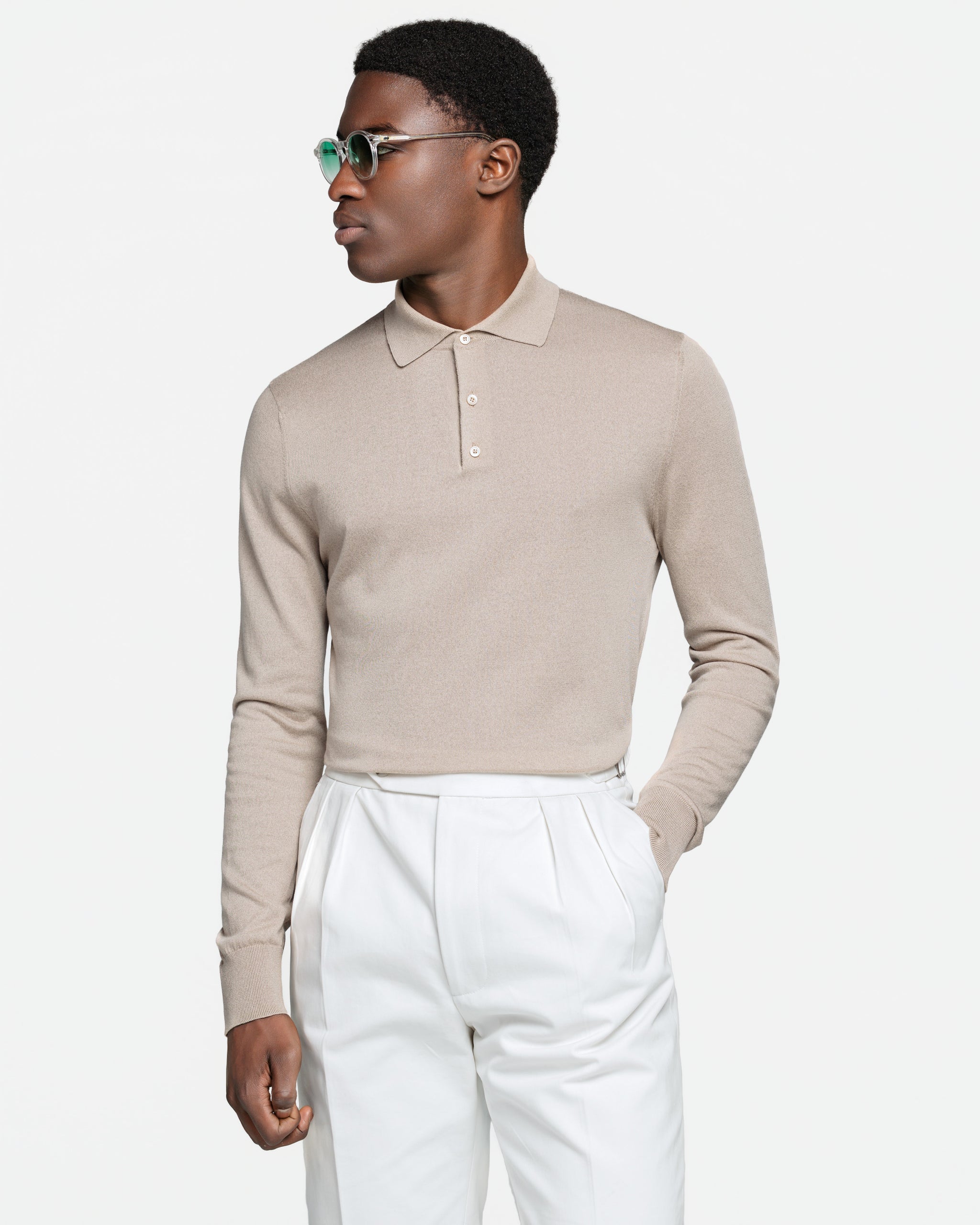 Poloshirt met lange mouwen effen zand biologisch katoen en Mulberry zijde | Filatori