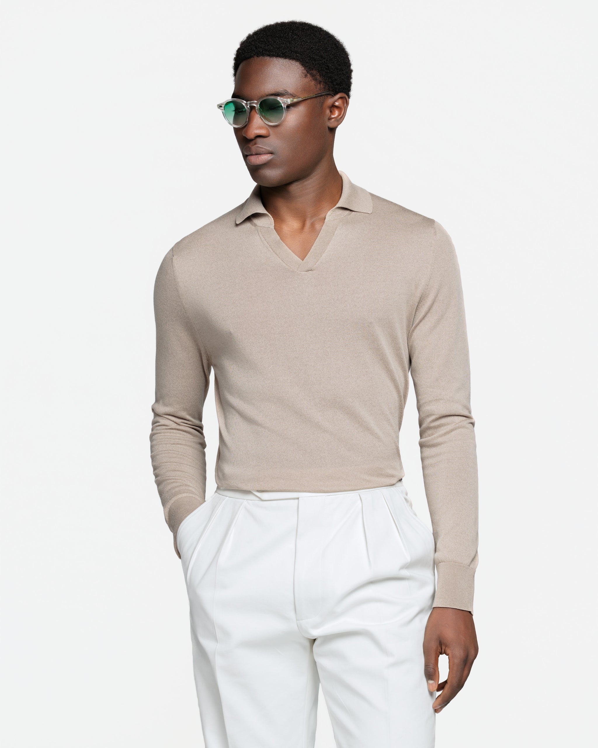 Poloshirt met lange mouwen zonder knopen effen zand biologisch katoen en Mulberry zijde | Filatori