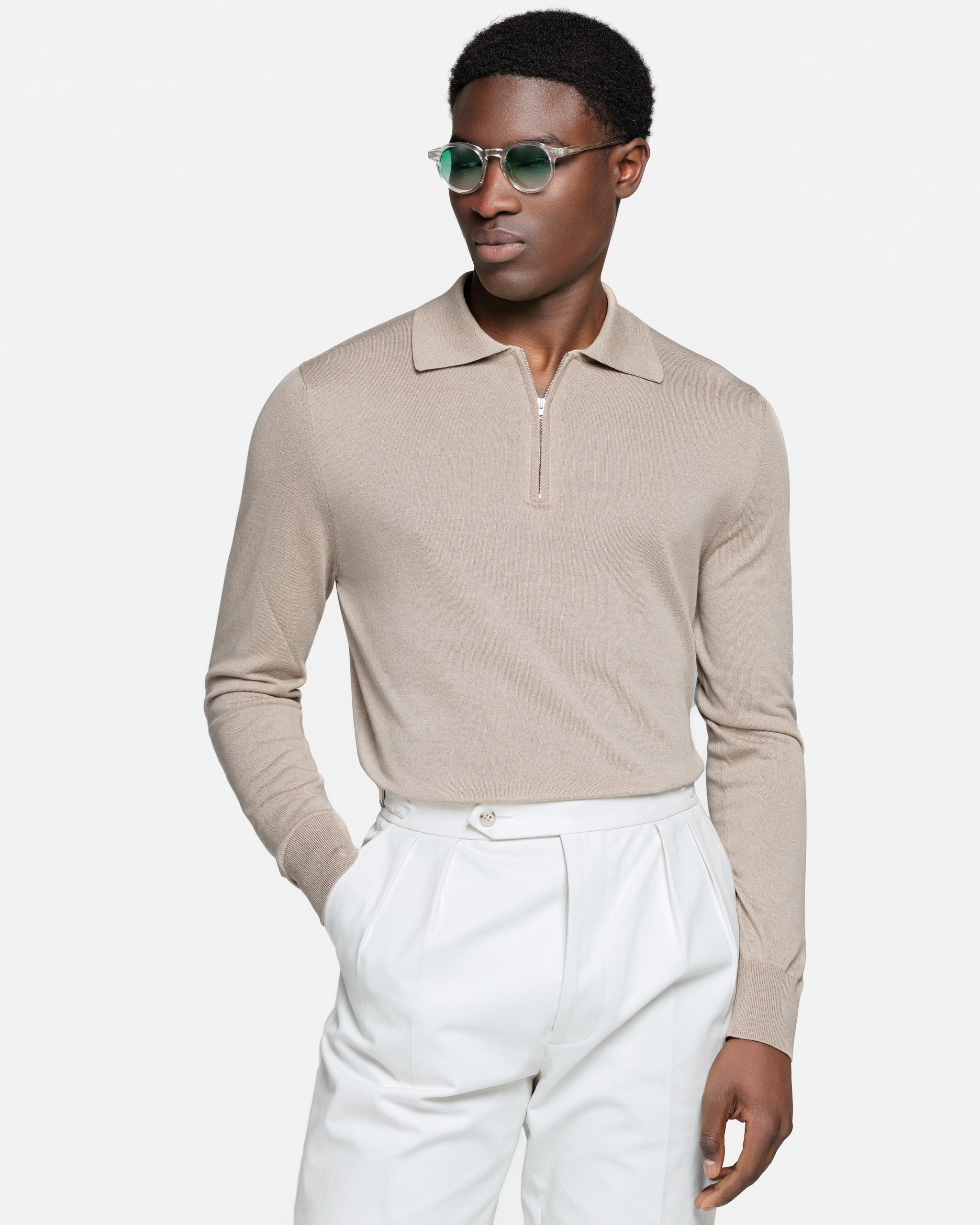 Lange-mouw poloshirt met rits effen zand Biologisch Katoen en Mulberry zijde | Filatori