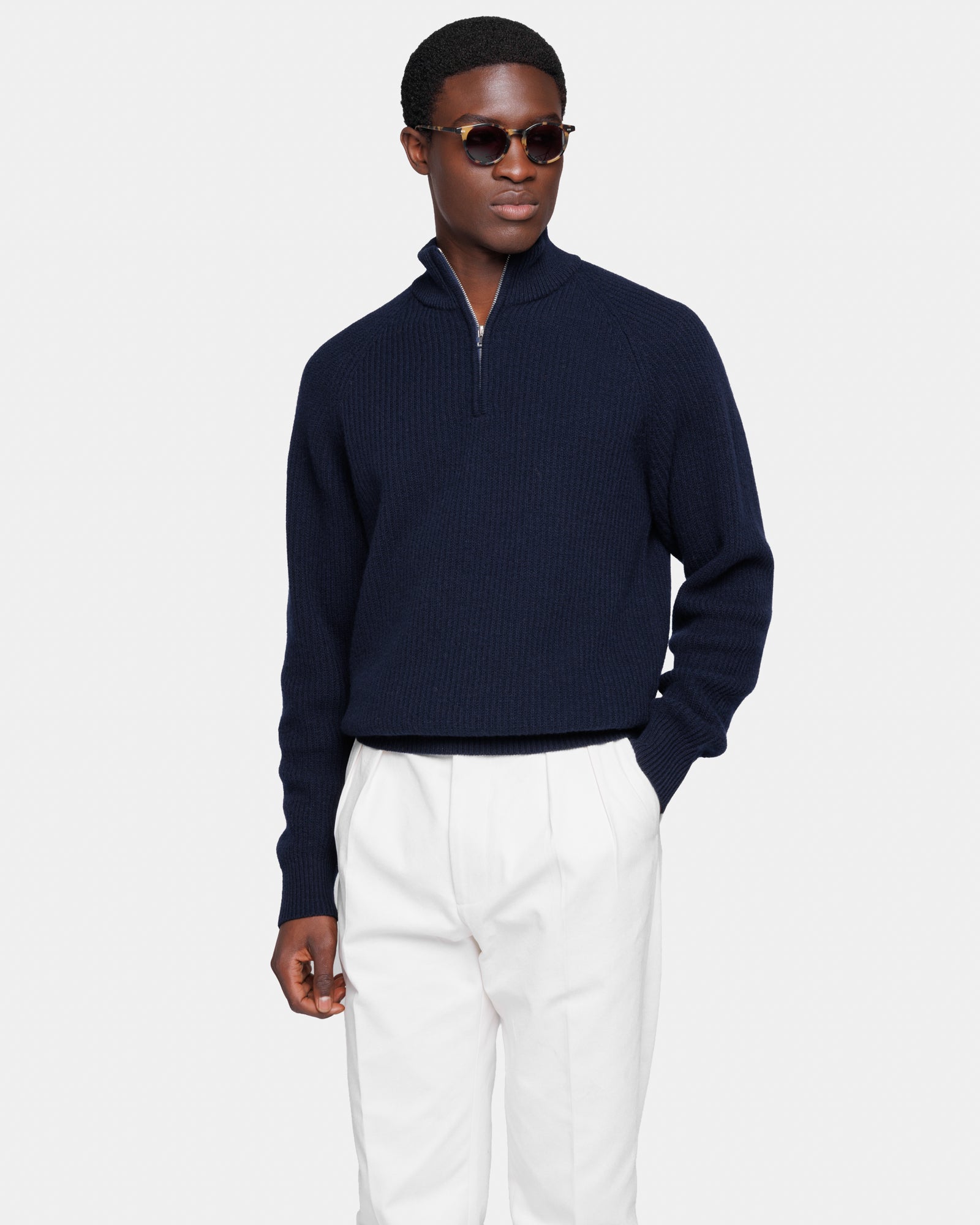 Blauwe highneck met rits van ultrazachte wol Super 100's met lange mouwen | Filatori 