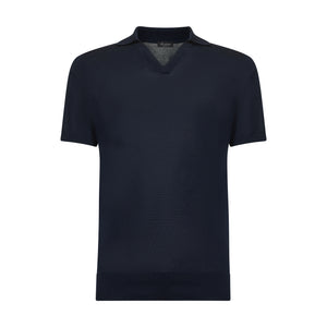 Poloshirt met korte mouwen zonder knopen, effen blauw, biologisch katoen en Mulberry zijde | Filatori