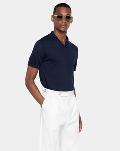 Poloshirt met korte mouwen zonder knopen, effen blauw, biologisch katoen en Mulberry zijde | Filatori