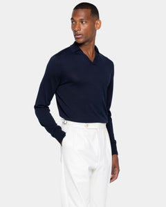 Poloshirt met lange mouwen zonder knopen effen blauw biologisch katoen en Mulberry zijde | Filatori