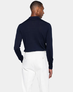 Poloshirt met lange mouwen zonder knopen effen blauw biologisch katoen en Mulberry zijde | Filatori