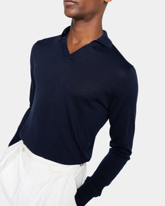 Poloshirt met lange mouwen zonder knopen effen blauw biologisch katoen en Mulberry zijde | Filatori