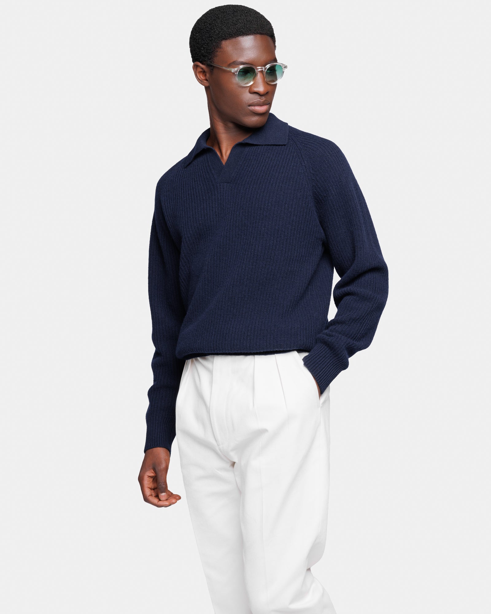 Blauwe polo zender knopen met lange mouwen van ultrazachte wol Super 100's | Filatori 