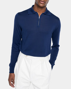 Lange-mouw poloshirt met rits marineblauw Biologisch Katoen en Mulberry zijde | Filatori 