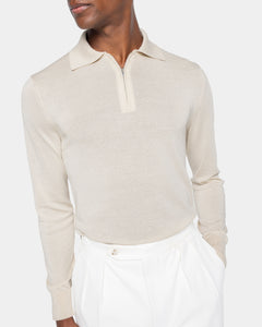 Lange-mouw poloshirt met rits effen zand Biologisch Katoen en Mulberry zijde | Filatori