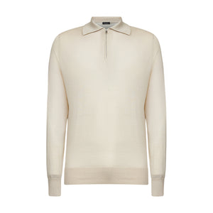 Lange-mouw poloshirt met rits effen zand Biologisch Katoen en Mulberry zijde | Filatori