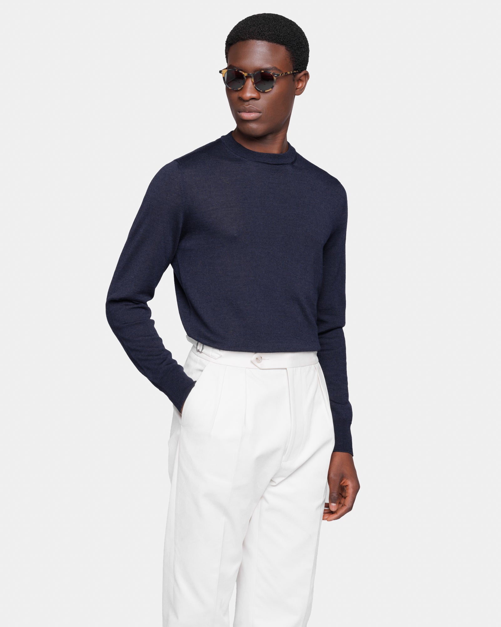 Navy Blue Long Sleeved Crewneck Knitwear in Extrafine Merino Wool and Silk | Filatori