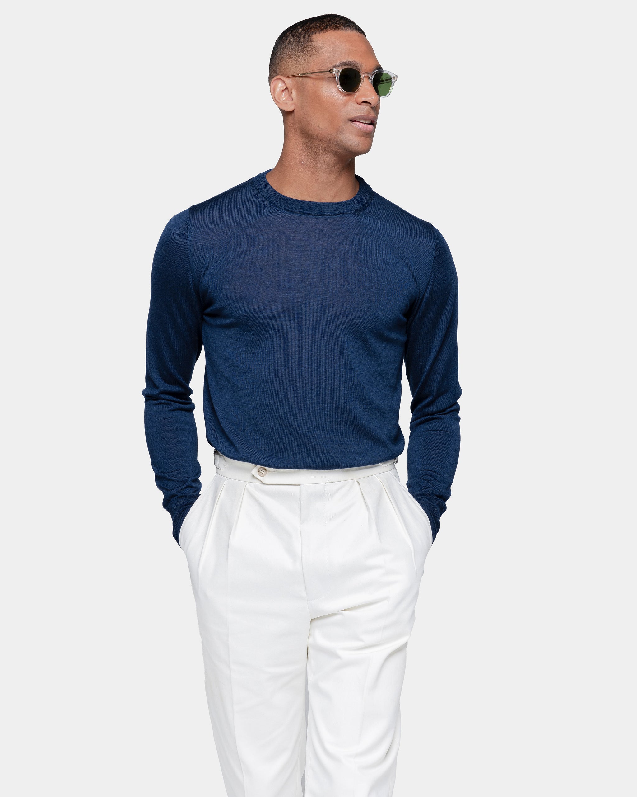 Blue Long Sleeved Crewneck Knitwear in Extrafine Merino Wool and Silk | Filatori