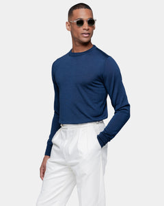 Blue Long Sleeved Crewneck Knitwear in Extrafine Merino Wool and Silk | Filatori