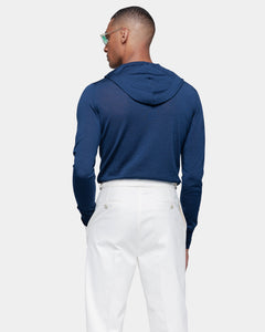 Langemouw hoodie trui in effen blauw Wol Zijde | Filatori 