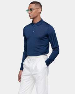 Blue Long Sleeved Polo Knitwear in Extrafine Merino Wool and Silk | Filatori