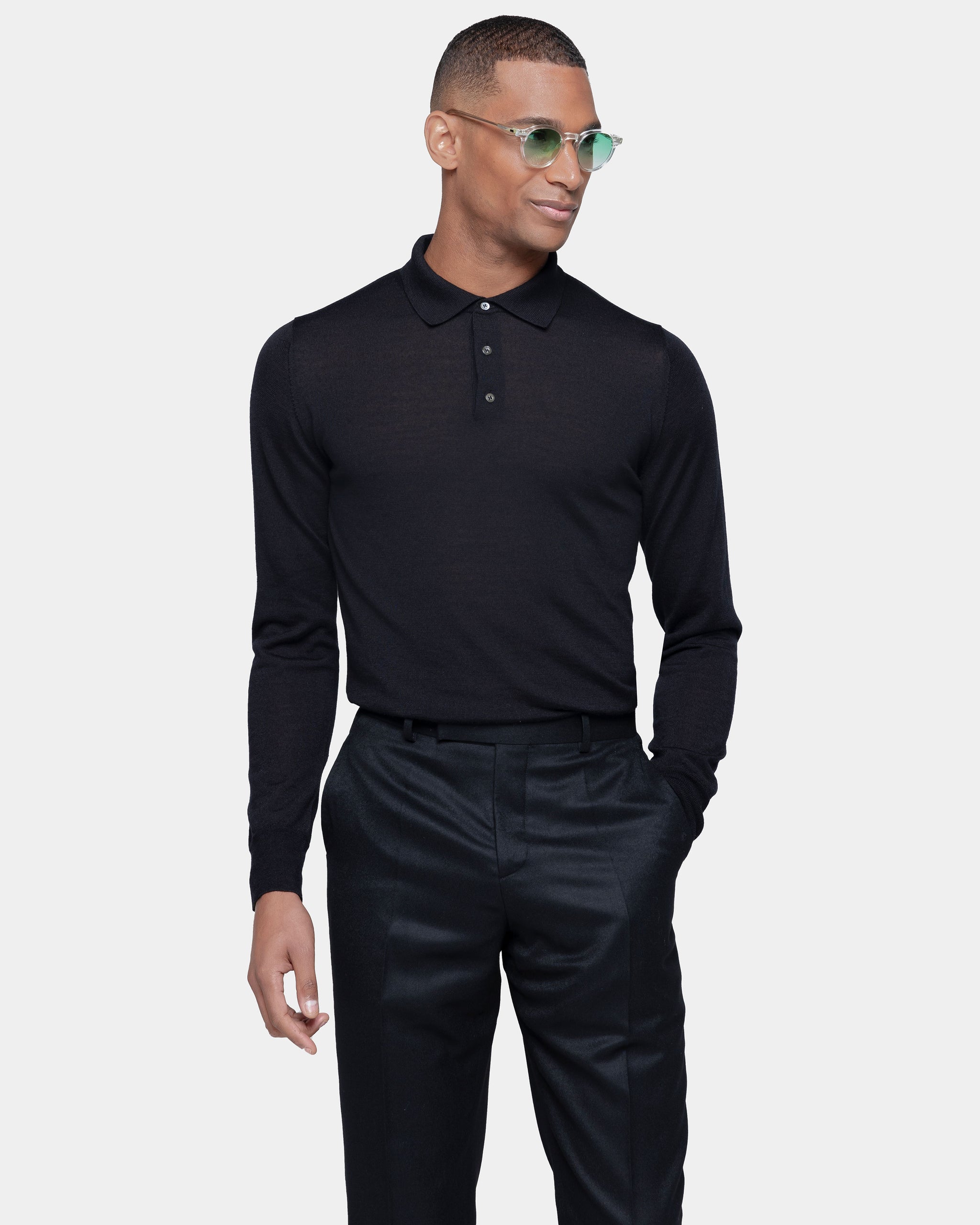 Black Long Sleeved Polo Knitwear in Extrafine Merino Wool and Silk | Filatori