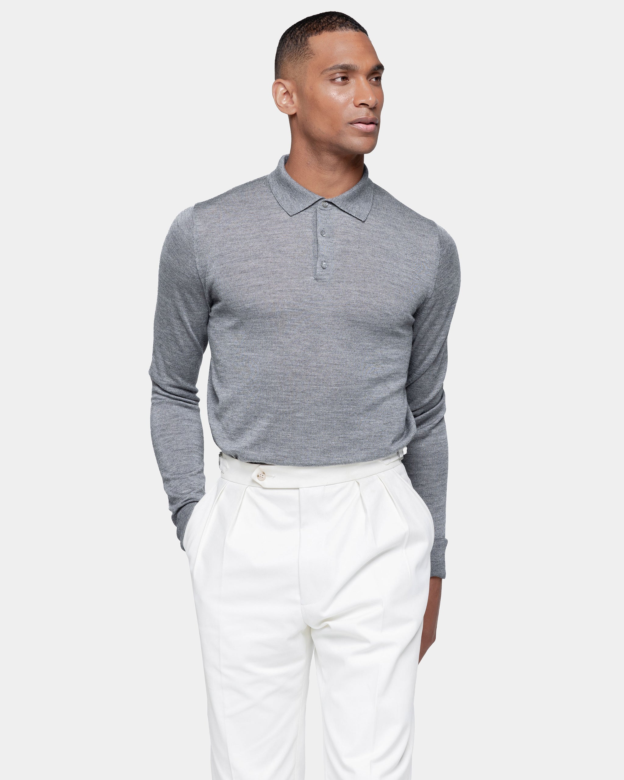 Grey Long Sleeved Polo Knitwear in Extrafine Merino Wool and Silk | Filatori