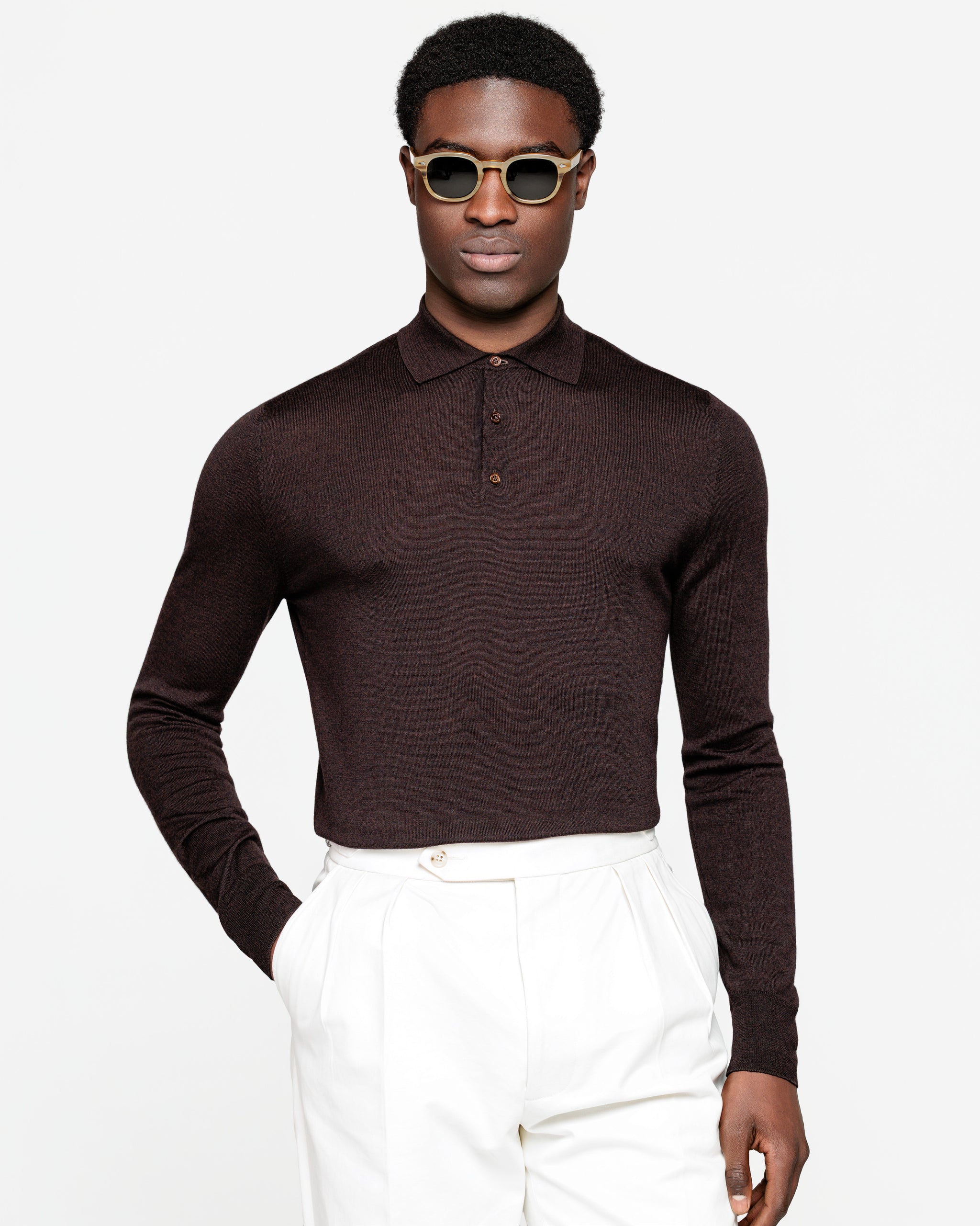 Langemouw poloshirt in effen Bruin Wol Zijde | Filatori 