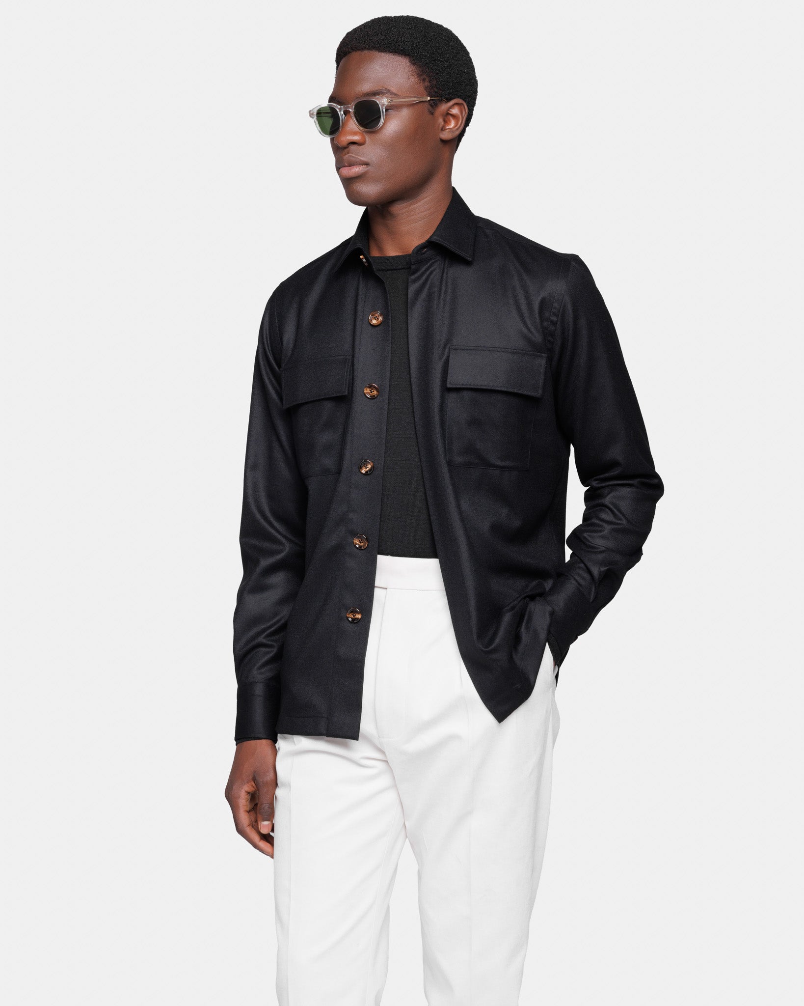 Overshirt effen zwart in Saxon Merino Wol Super 150's | Filatori 