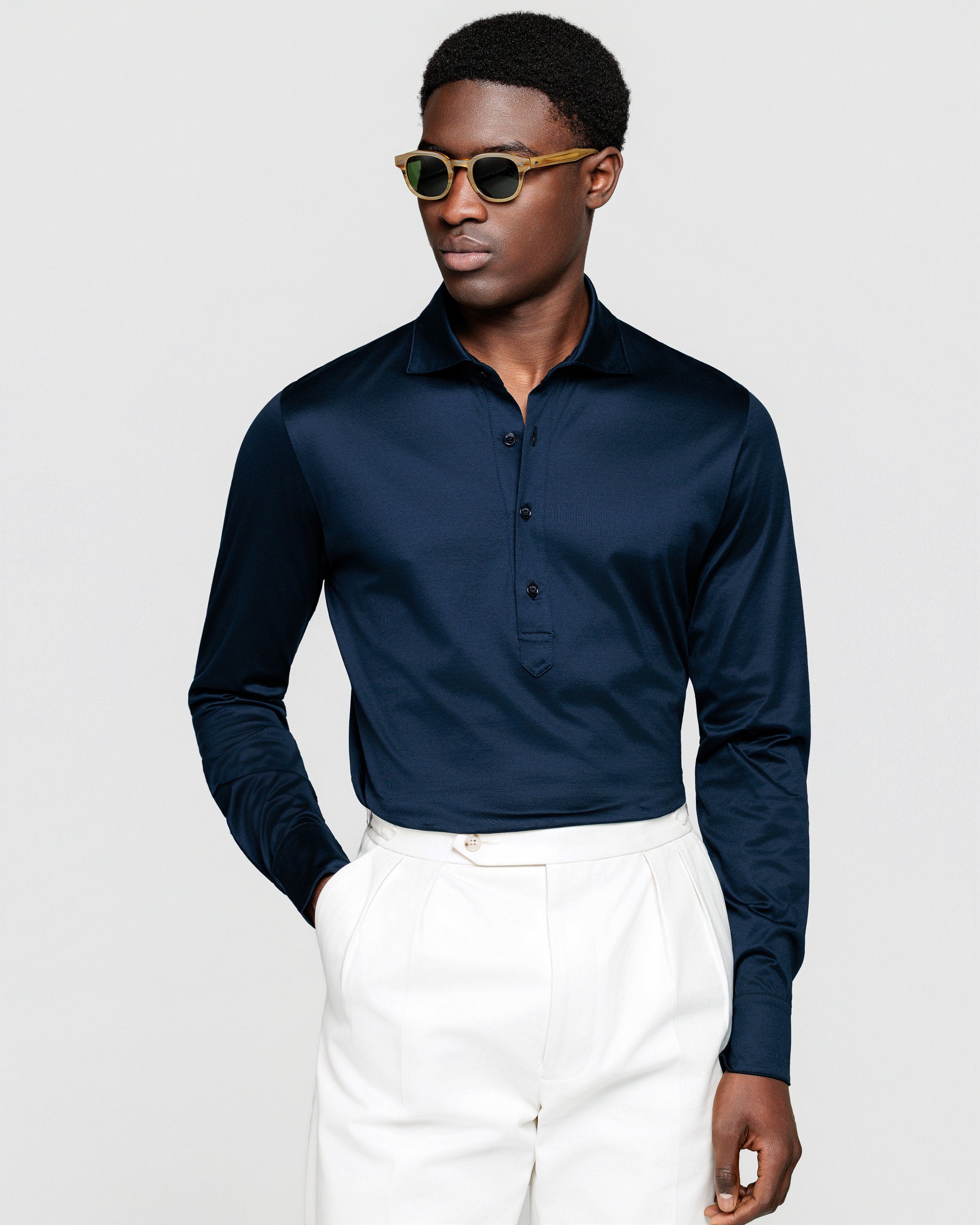 Zwart Poloshirt zonder knopen met lange mouwen 100% Egyptisch Katoen | Filatori

