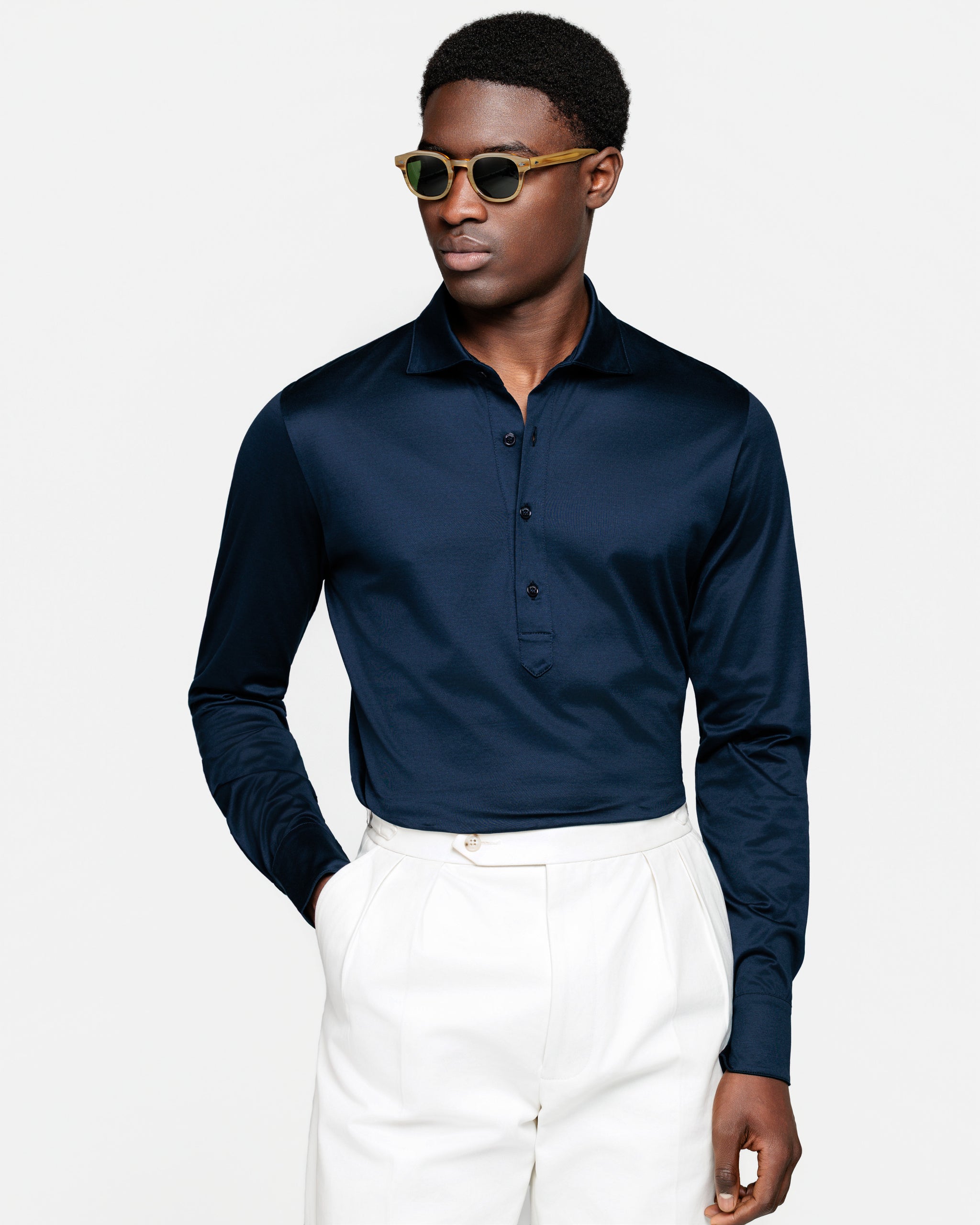 Zwart Poloshirt zonder knopen met lange mouwen 100% Egyptisch Katoen | Filatori
