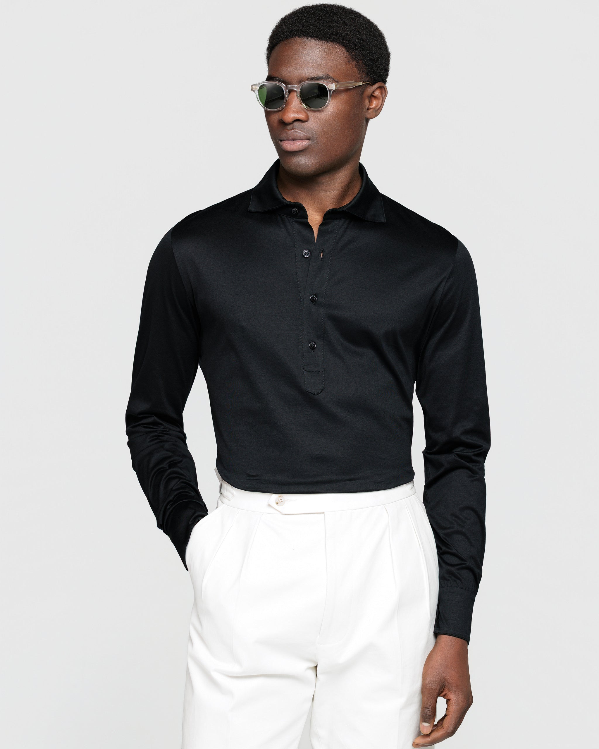 Zwart Poloshirt zonder knopen met lange mouwen 100% Egyptisch Katoen | Filatori
