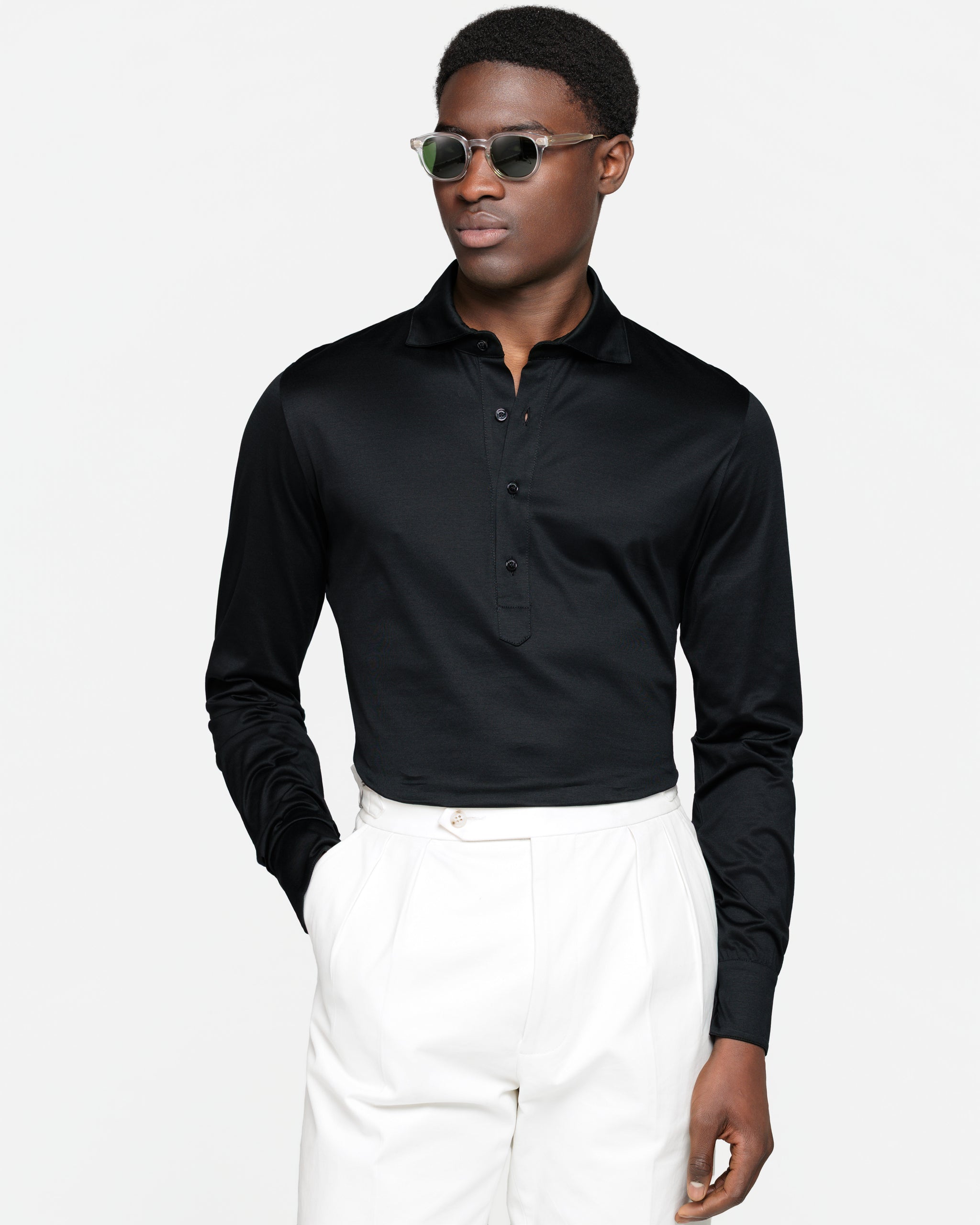 Zwart Poloshirt zonder knopen met lange mouwen 100% Egyptisch Katoen | Filatori
