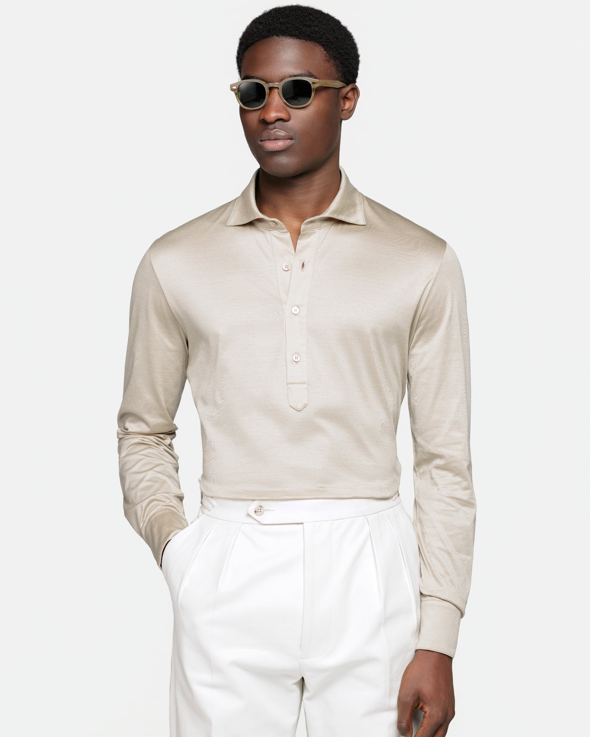 Zwart Poloshirt zonder knopen met lange mouwen 100% Egyptisch Katoen | Filatori
