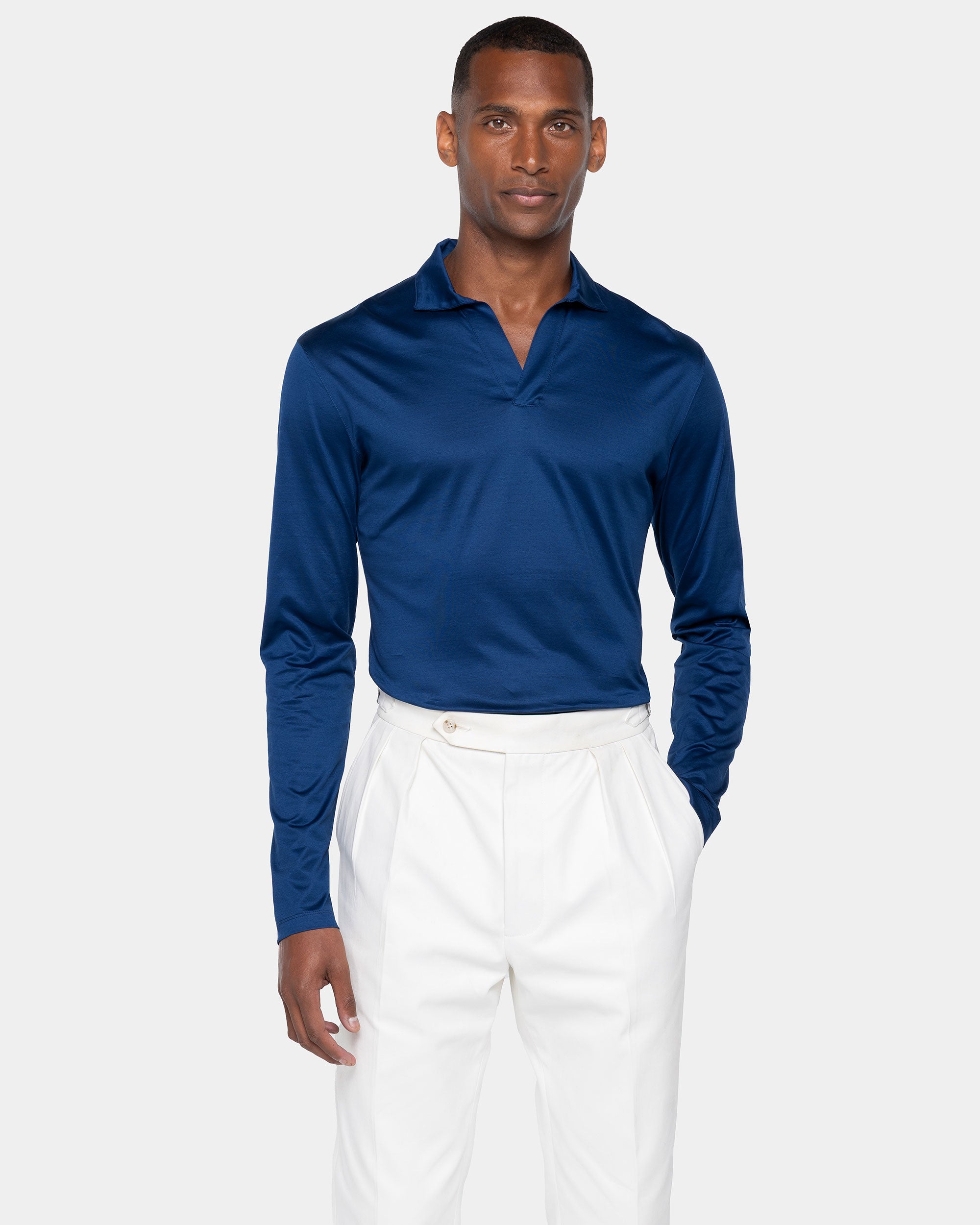 Donkerblauw Poloshirt zonder knopen met lange mouwen 100% Egyptisch Katoen | Filatori
