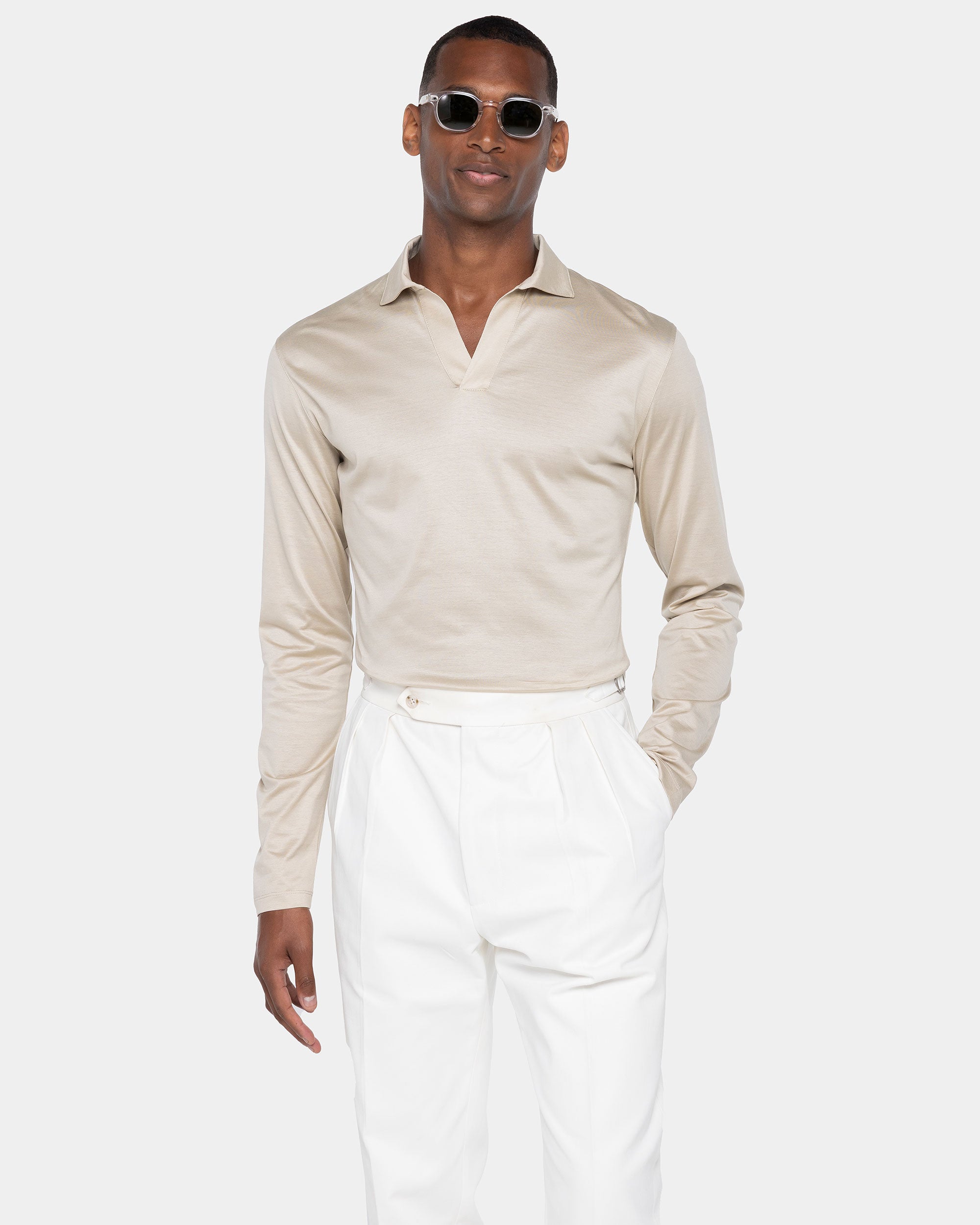 Zand Poloshirt zonder knopen met lange mouwen 100% Egyptisch Katoen | Filatori
