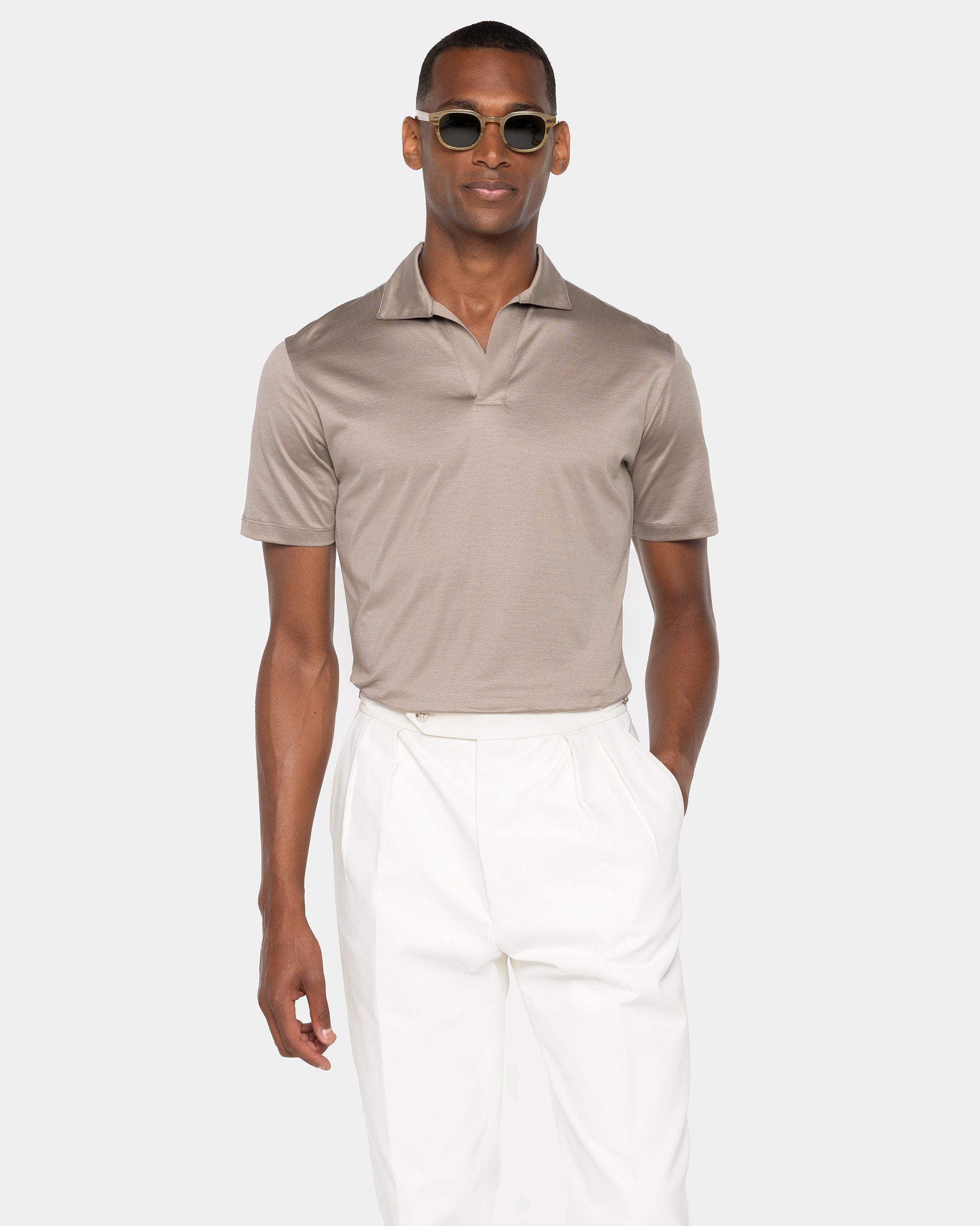 Taupe Korte Mouw Poloshirt zonder knopen 100% Egyptisch Katoen | Filatori
